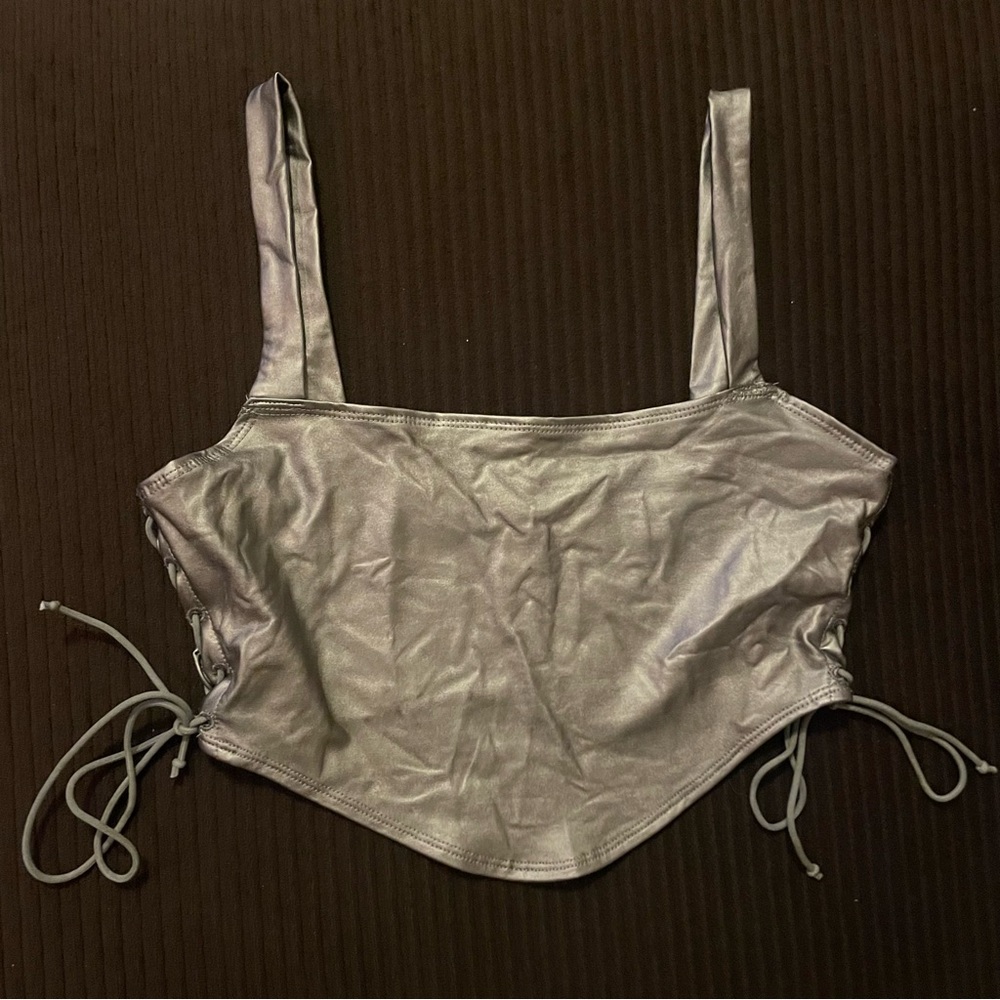 metallic/silver lace up side crop top